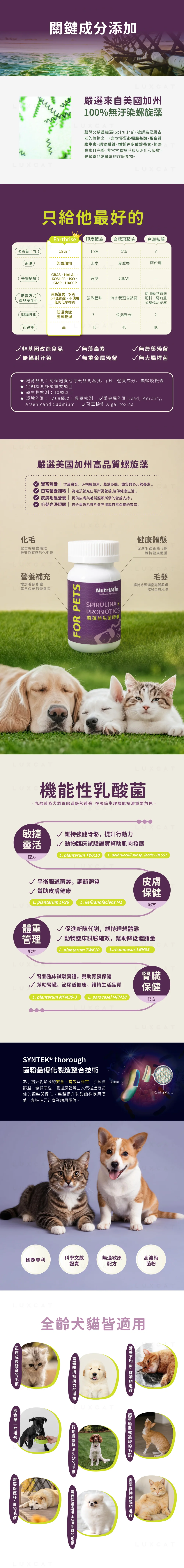 嚴選藍藻與機能性乳酸菌，適用各種犬貓